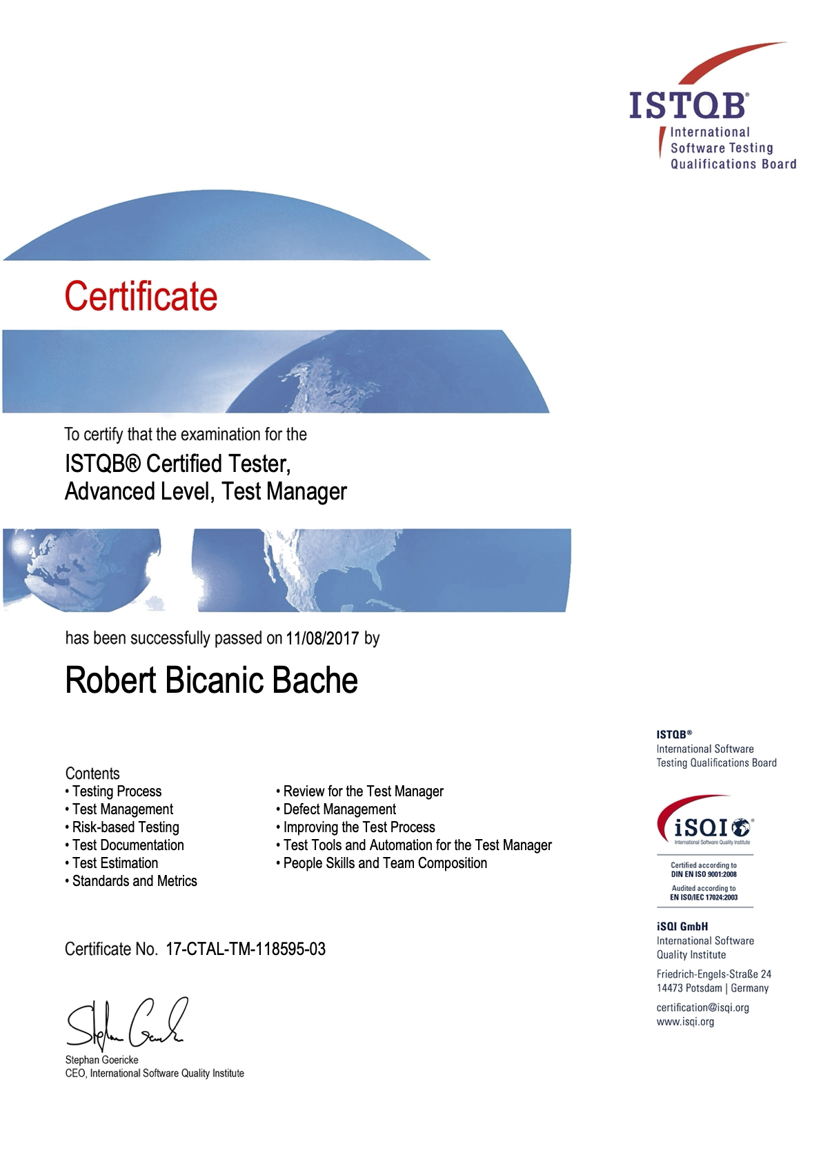 ISTQB Advanced Test Manager certificate