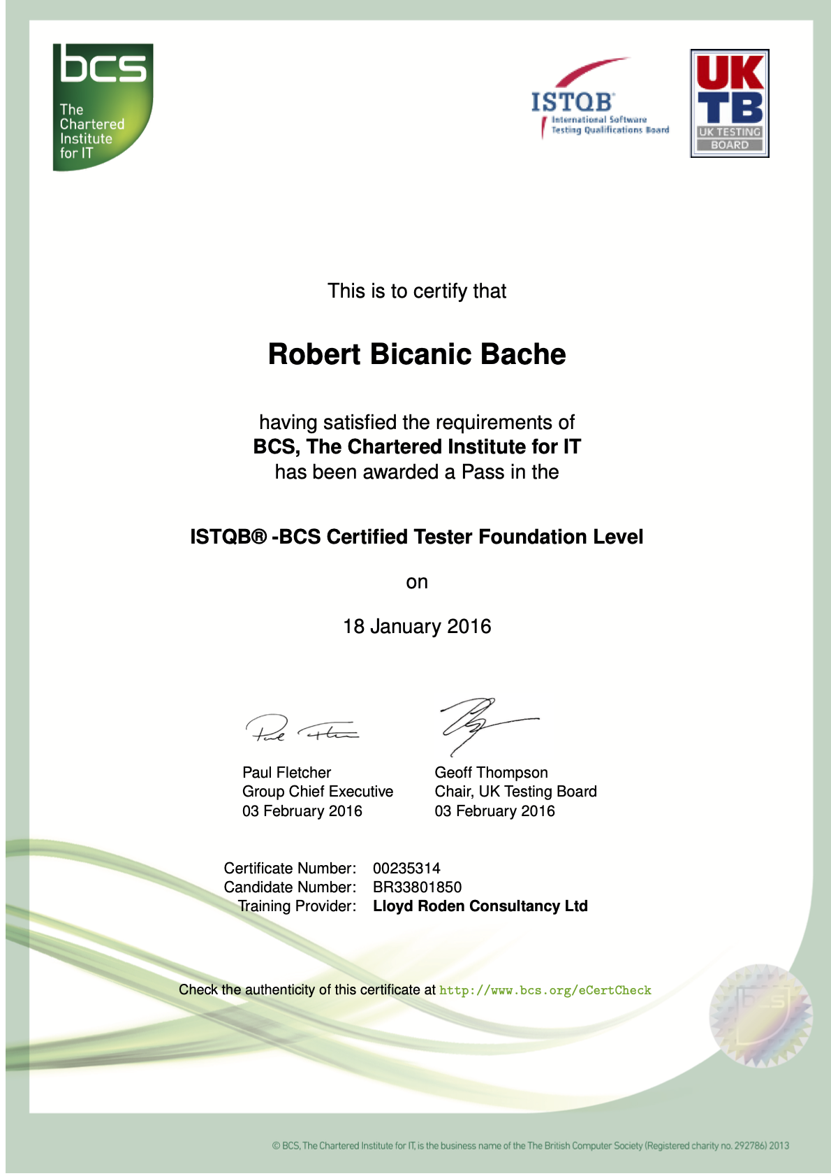 ISTQB Foundation certificate