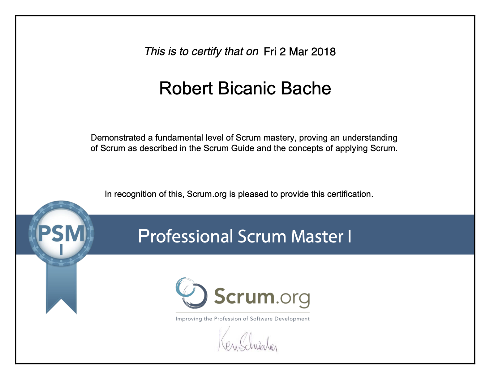 Professional Scrum Master certificate