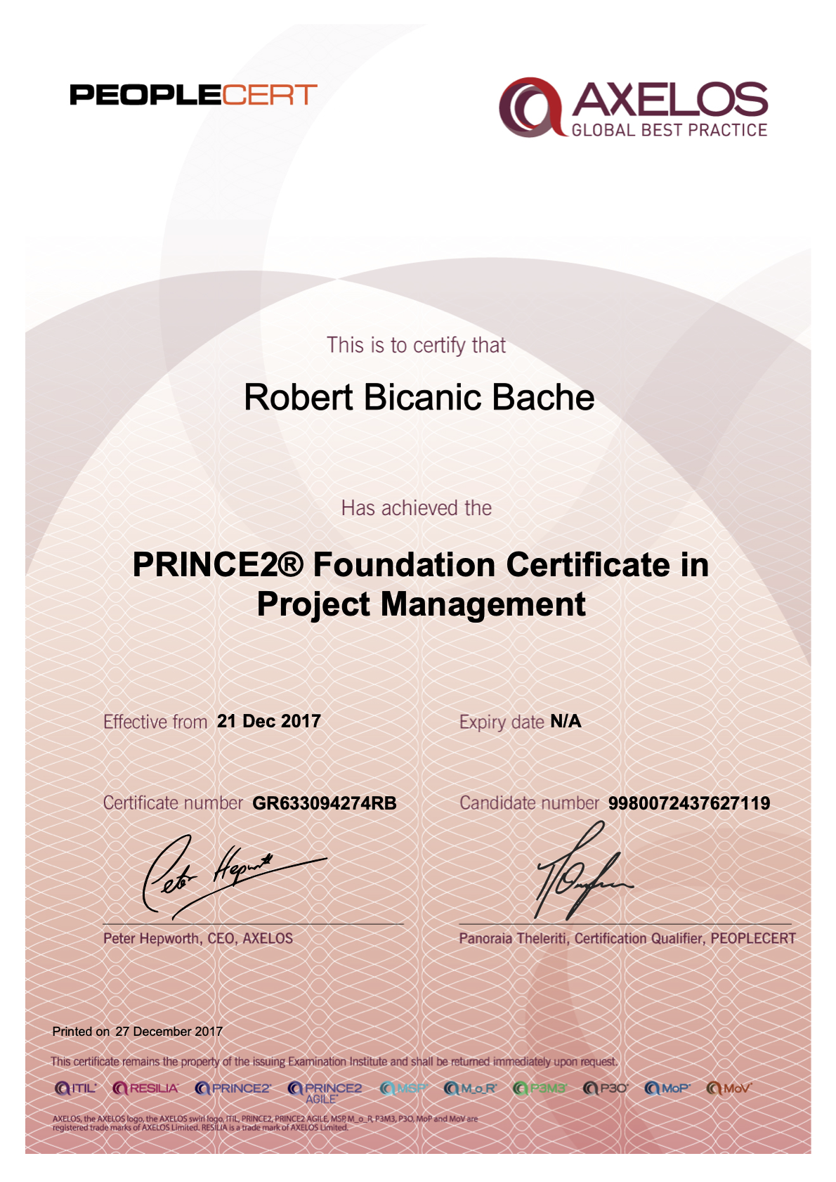 PRINCE2 Foundation certificate